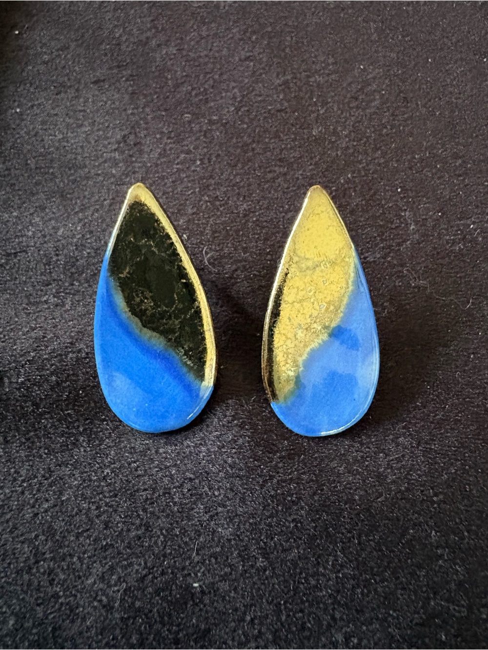 Vintage Handcrafted Ceramic Teardrop Clip-On Earrings Blue & Gold Luster